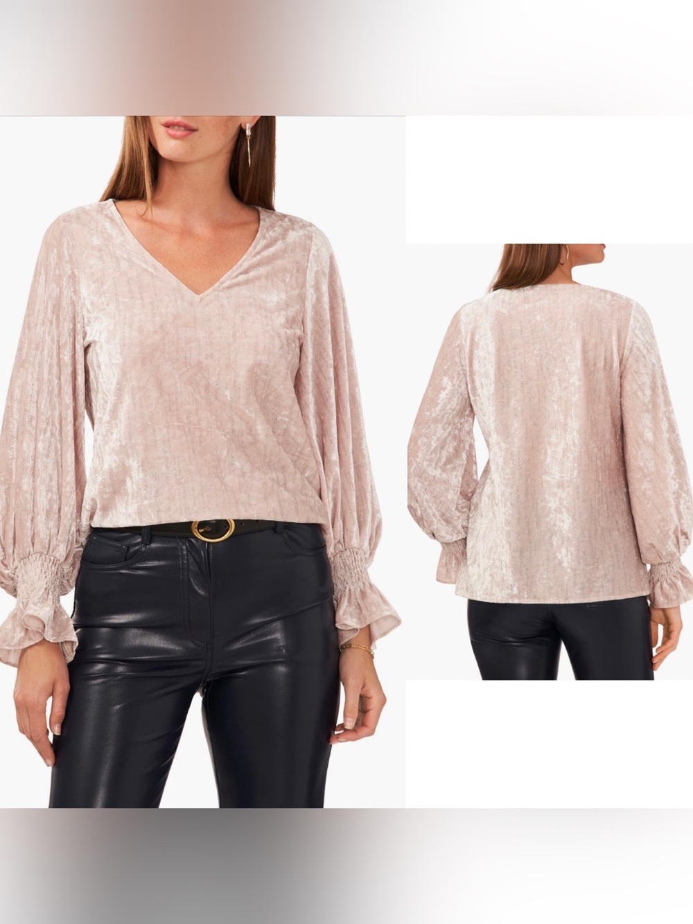 Halogen Blush Metallic Velvet V-Neck Bishop Balloon Sleeve Blouse Top Size L